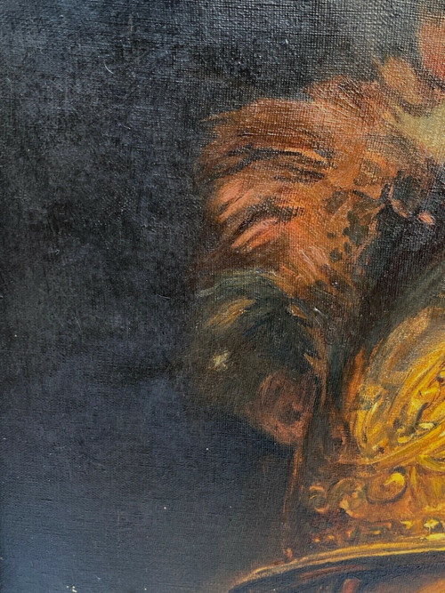 Olio su tela Uomo con elmo d'oro di Arthur Midy dopo Rembrandt