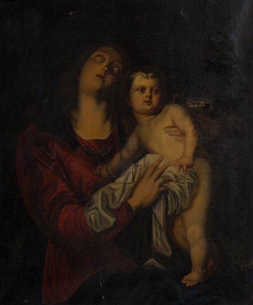 Huile sur toile d'après Antoine van Dyck Vierge à l'Enfant début XIXe cadre Empire