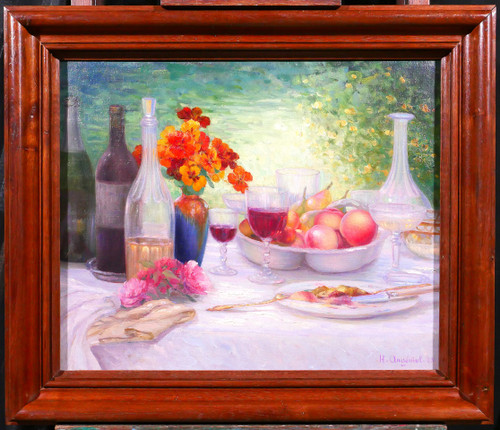 Henri ANGENIOL 1870-1959 La table au jardin, nature morte, tableau, 1923, fleurs, vin