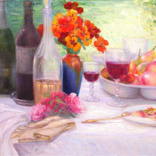 Henri ANGENIOL 1870-1959 La table au jardin, nature morte, tableau, 1923, fleurs, vin