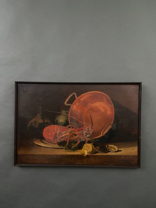 Huile sur toile nature morte avec homard début XXe