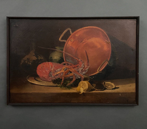 Huile sur toile nature morte avec homard début XXe