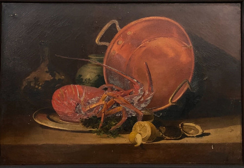 Huile sur toile nature morte avec homard début XXe