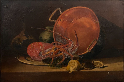 Huile sur toile nature morte avec homard début XXe