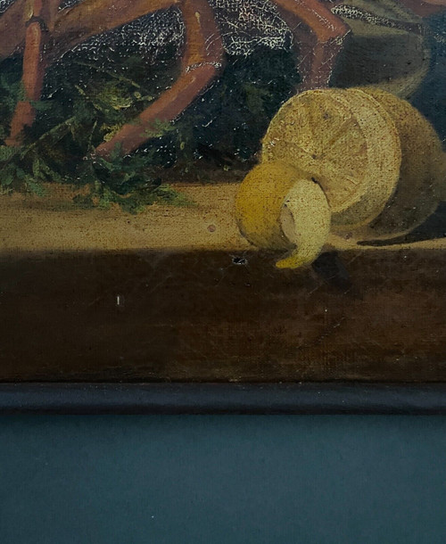 Huile sur toile nature morte avec homard début XXe