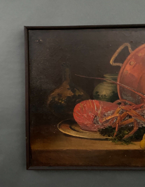 Huile sur toile nature morte avec homard début XXe