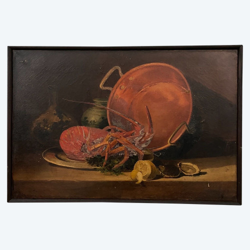 Huile sur toile nature morte avec homard début XXe