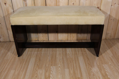 Art Deco Beige Velvet And Wood Veneer Banquette