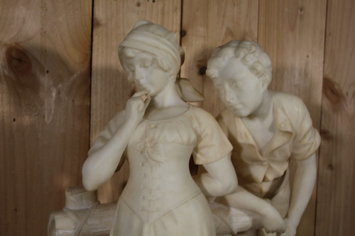 Large alabaster sculpture Signed De Cipriani "the young romantic couple".