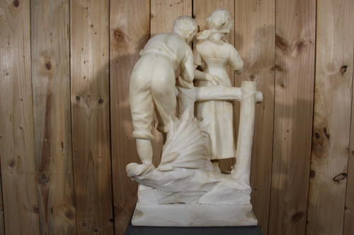 Large alabaster sculpture Signed De Cipriani "the young romantic couple".