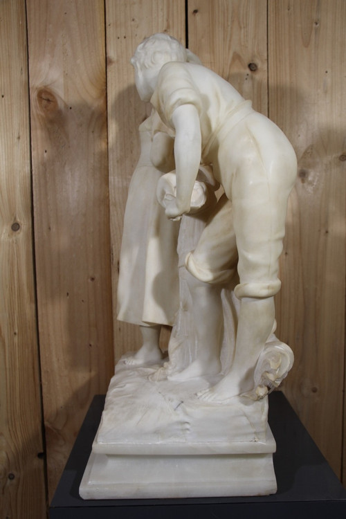 Large alabaster sculpture Signed De Cipriani "the young romantic couple".