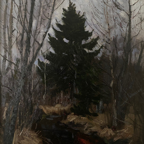 Olio su tavola di Stanislaw Zukowski Ruscello nel sottobosco