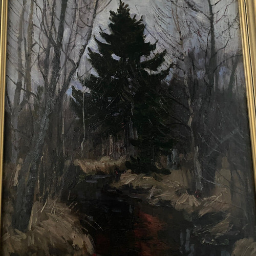 Olio su tavola di Stanislaw Zukowski Ruscello nel sottobosco