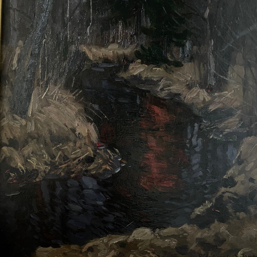 Olio su tavola di Stanislaw Zukowski Ruscello nel sottobosco