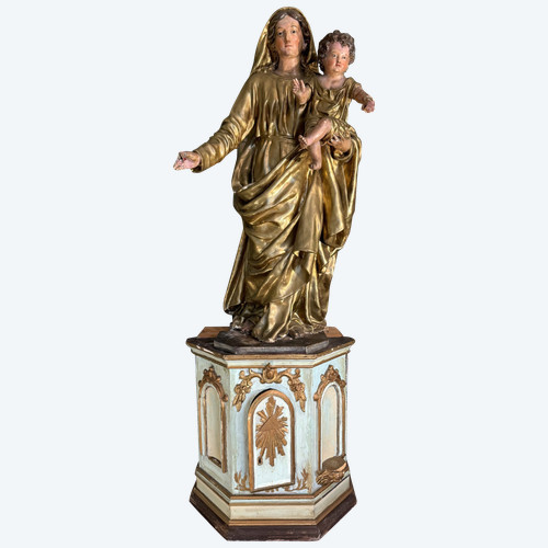 Grande Vierge à l’Enfant En Cartapesta Sur Tabernacle – XVIIIe /XIXe 