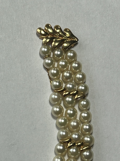 Bracelet 3 Strands Pearls Yellow Gold Bars 8.00 g