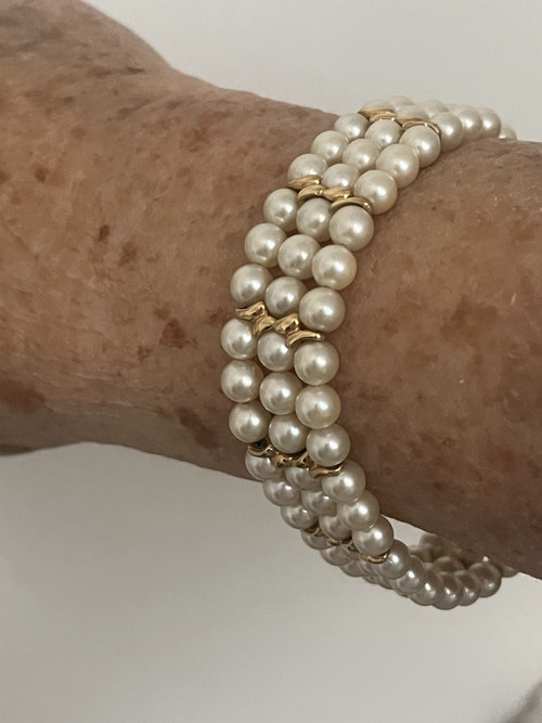 Bracelet 3 Strands Pearls Yellow Gold Bars 8.00 g