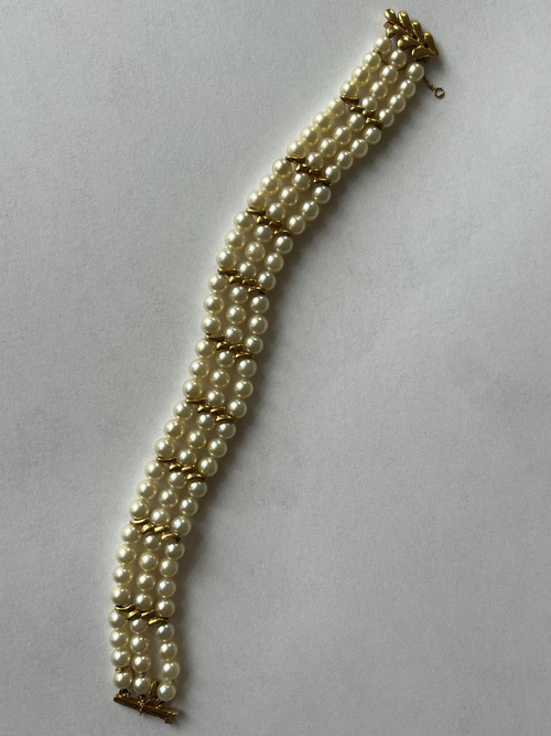 Bracelet 3 Strands Pearls Yellow Gold Bars 8.00 g