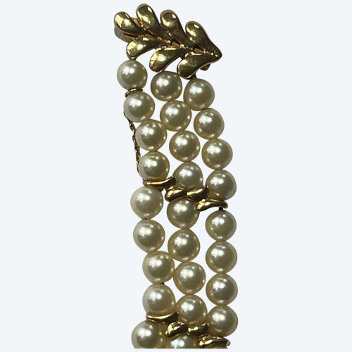 Bracelet 3 Strands Pearls Yellow Gold Bars 8.00 g