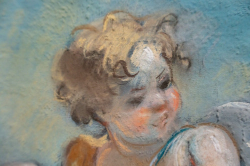 Late 19th century pastel painting decorated with cherubs and doves