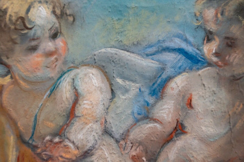 Late 19th century pastel painting decorated with cherubs and doves