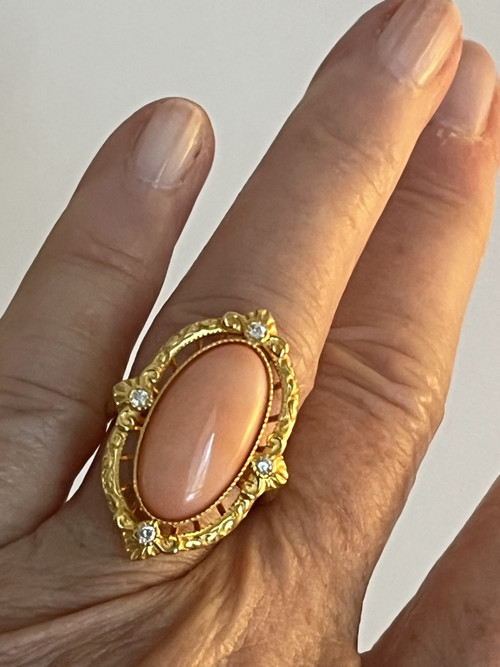 Yellow Gold Coral Diamond Ring