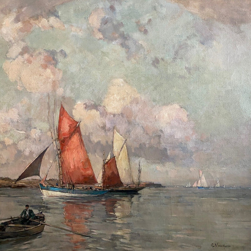 Oil on canvas by Ernest Vauthrin (1878-1949) Boats in Brittany