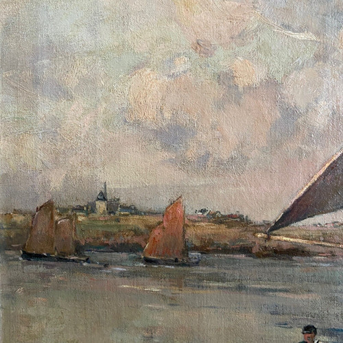 Oil on canvas by Ernest Vauthrin (1878-1949) Boats in Brittany