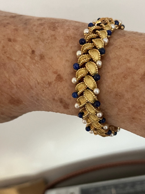 Articulated bracelet Leaves Yellow gold Lapis Lazuli beads