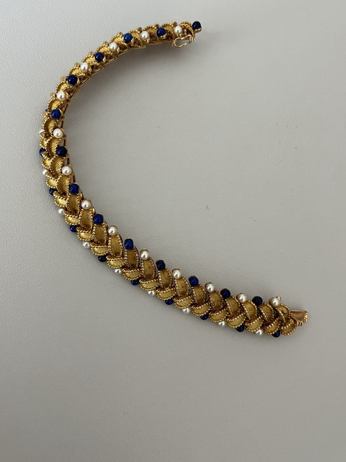 Articulated bracelet Leaves Yellow gold Lapis Lazuli beads