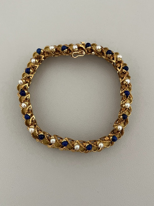 Articulated bracelet Leaves Yellow gold Lapis Lazuli beads