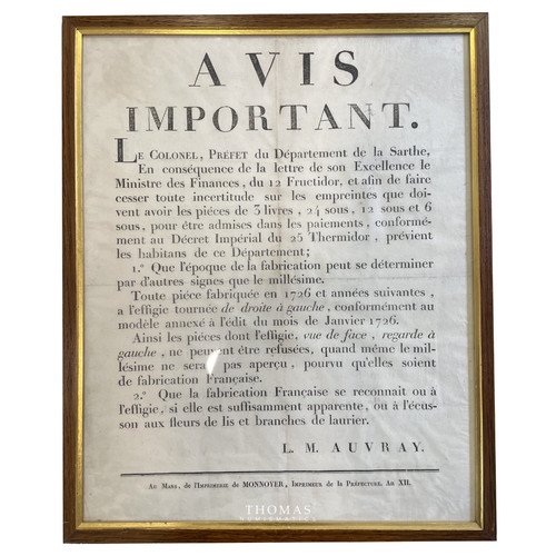 DOCUMENTS ANCIEN - AVIS IMPORTANT – PRÉFET COLONEL AUVRAY – IDENTIFICATION MONNAIES 1726