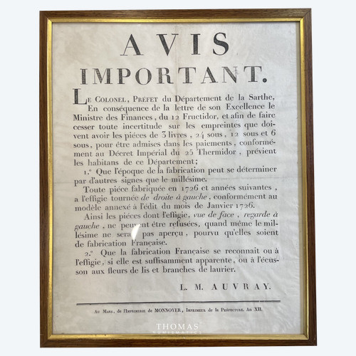 DOCUMENTS ANCIEN - AVIS IMPORTANT – PRÉFET COLONEL AUVRAY – IDENTIFICATION MONNAIES 1726