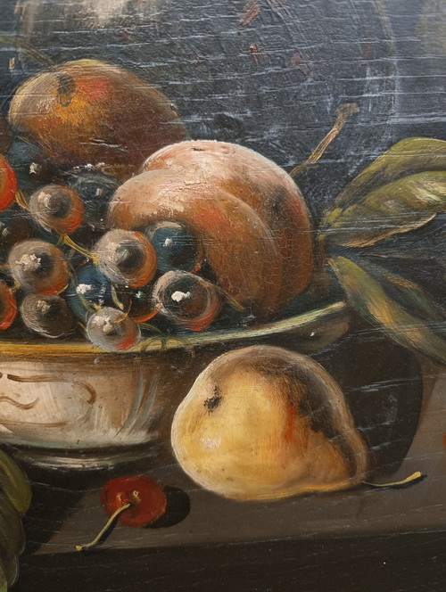 Ancienne peinture à l'huile sur panneau, Nature morte, milieu du 19e s., Flamande, mesurée, h53, l60, p2