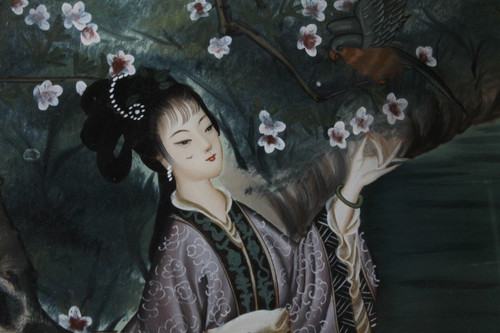 Antike japanische Geisha-Glasmalerei aus den frühen 1900er Jahren. Größe 52 x 35