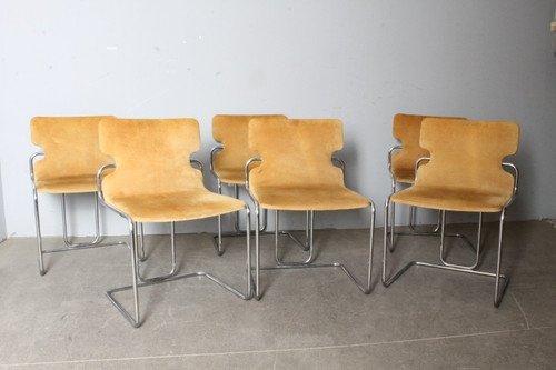 Groupe de six chaises Willy Rizzo 1970 Métal et Alcantara. Design - Modernisme