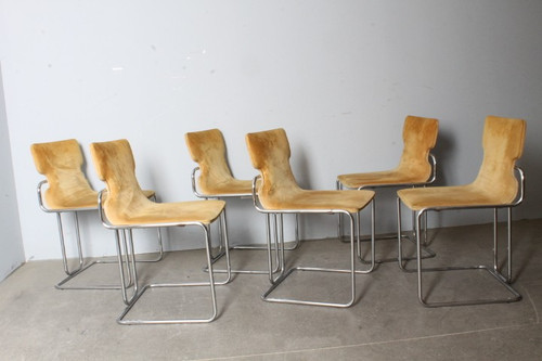 Groupe de six chaises Willy Rizzo 1970 Métal et Alcantara. Design - Modernisme