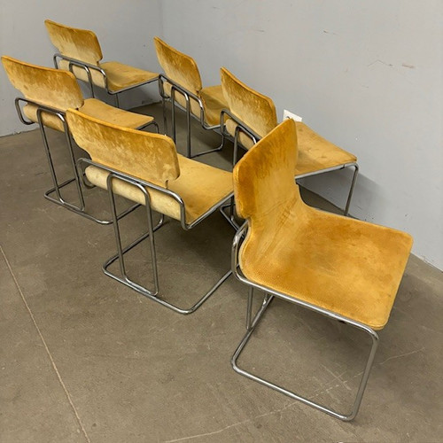 Groupe de six chaises Willy Rizzo 1970 Métal et Alcantara. Design - Modernisme