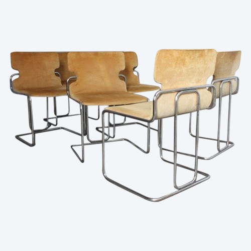 Groupe de six chaises Willy Rizzo 1970 Métal et Alcantara. Design - Modernisme