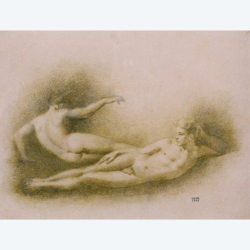 Gaston GOOR 1902-1977 Deux jeunes hommes nus, dessin, crayon sur papier, 1945