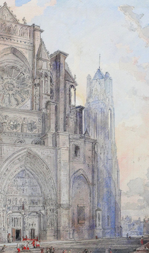 Louis-Désiré Thiénon 1812-1889 Reims, la cattedrale, paesaggio, disegno, 1875