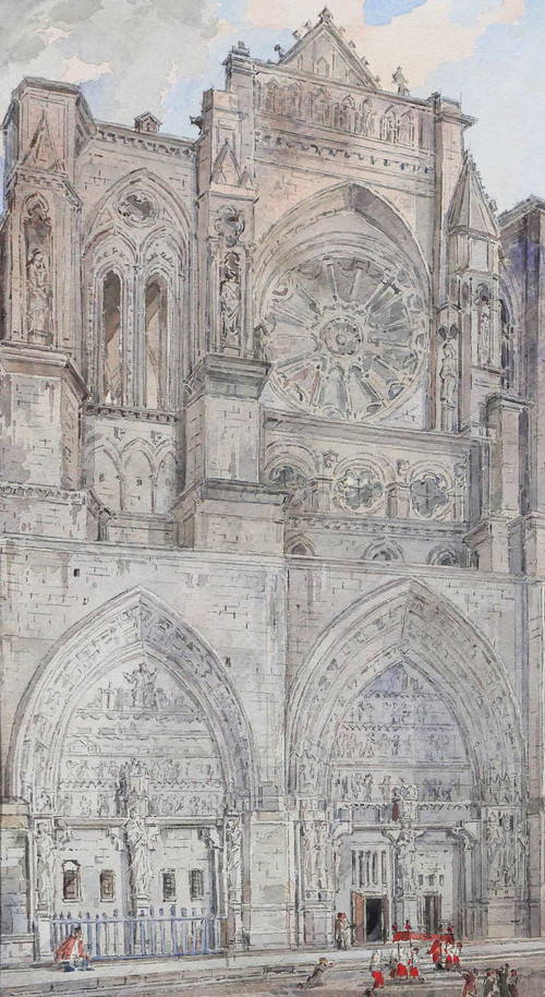 Louis-Désiré Thiénon 1812-1889 Reims, la cattedrale, paesaggio, disegno, 1875