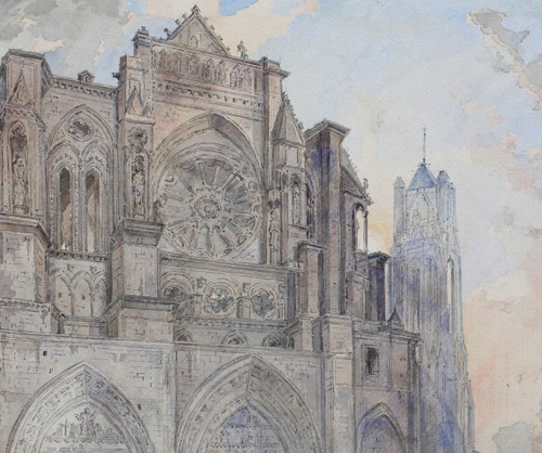 Louis-Désiré Thiénon 1812-1889 Reims, la cattedrale, paesaggio, disegno, 1875