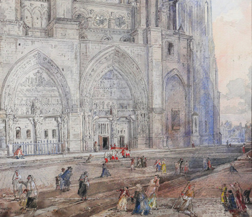 Louis-Désiré Thiénon 1812-1889 Reims, la cattedrale, paesaggio, disegno, 1875