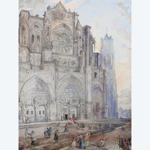 Louis-Désiré Thiénon 1812-1889 Reims, la cattedrale, paesaggio, disegno, 1875