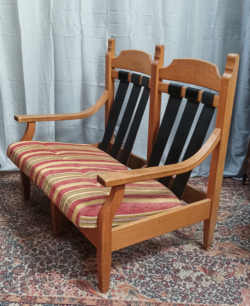 Vintage oak 2-seater bench and footrest