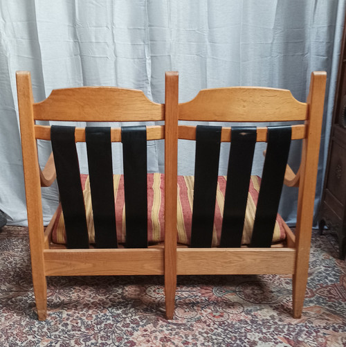 Vintage oak 2-seater bench and footrest