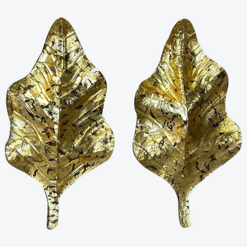 Grandes Paire D’appliques Feuilles En Verre Doré De Murano - Italie Vers 1980 H 67 cm