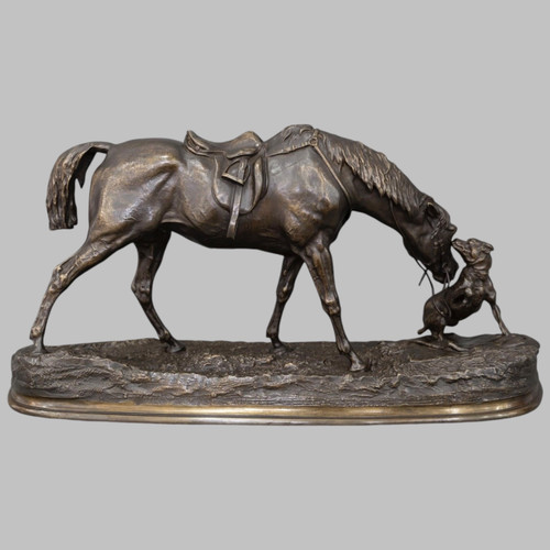 Bronze Group "Mare In The Stable Playing With A Dog" , Pierre - Jules Mêne (1810-1879)