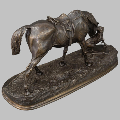 Bronze Group "Mare In The Stable Playing With A Dog" , Pierre - Jules Mêne (1810-1879)